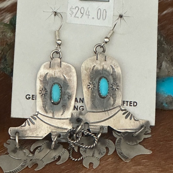 Navajo turquoise Yazzie statement cowboy boot sterling silver earrings - Picture 3 of 6